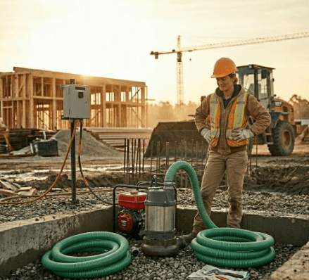 Portable Koshin submersible pump draining water from a construction pit