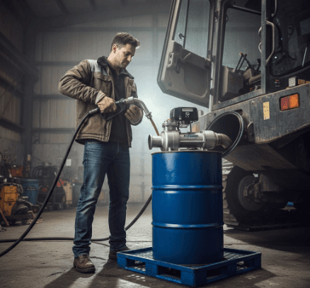 Technician using Koshin barrel pump to move industrial liquid from drum into storage container