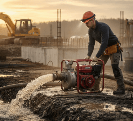 Portable Koshin centrifugal pump moving water from flooded construction area