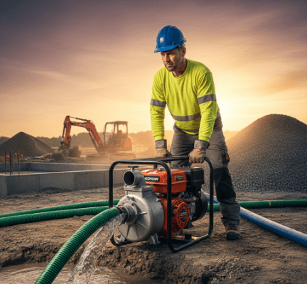 Koshin centrifugal pump transferring water from drainage trench on construction site