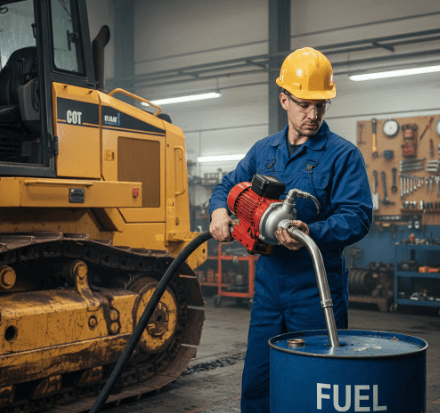 Koshin barrel pump transferring diesel fuel from metal drum into equipment container