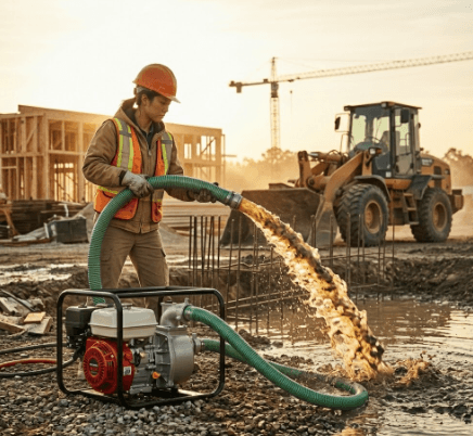 Koshin semi-trash water pump draining muddy water from a construction trench