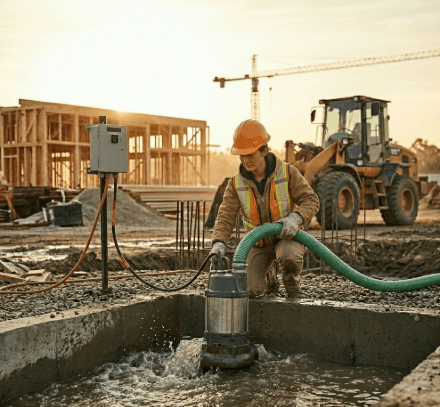 Koshin submersible pump removing water from a flooded basement area