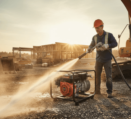 Koshin high-pressure water pump delivering strong water flow for construction site washdown