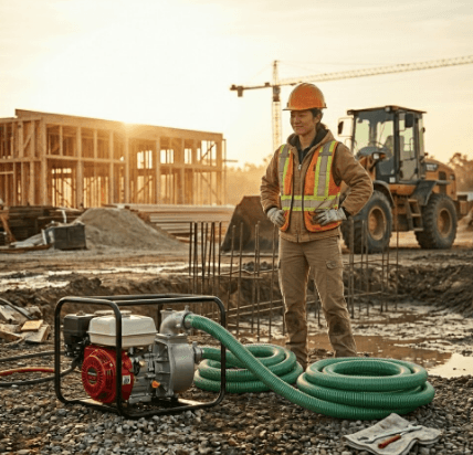 Portable Koshin semi-trash pump removing water and debris from flooded job site