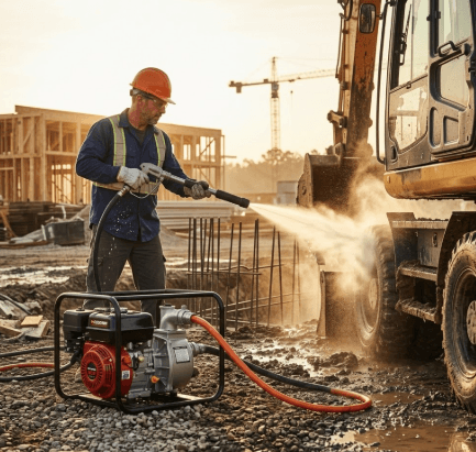Portable Koshin high-pressure pump transferring water across construction site